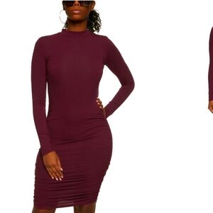 Wine Mock Neck Ruched Midi Dress Long Sleeve Tshirt Popular 21 Sz. 2X